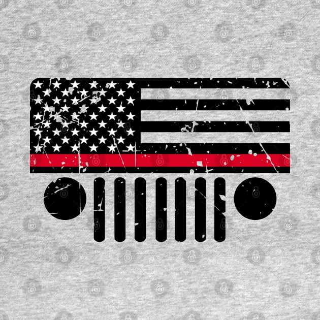 Jeep Firefighter Red Line Flag, Funny Design US Flag Distressed by Printofi.com